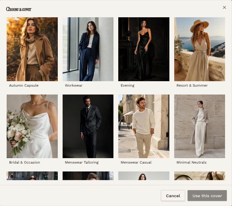 The Choose a cover gallery in the LookLayer collection editor, showing editorial cover photos