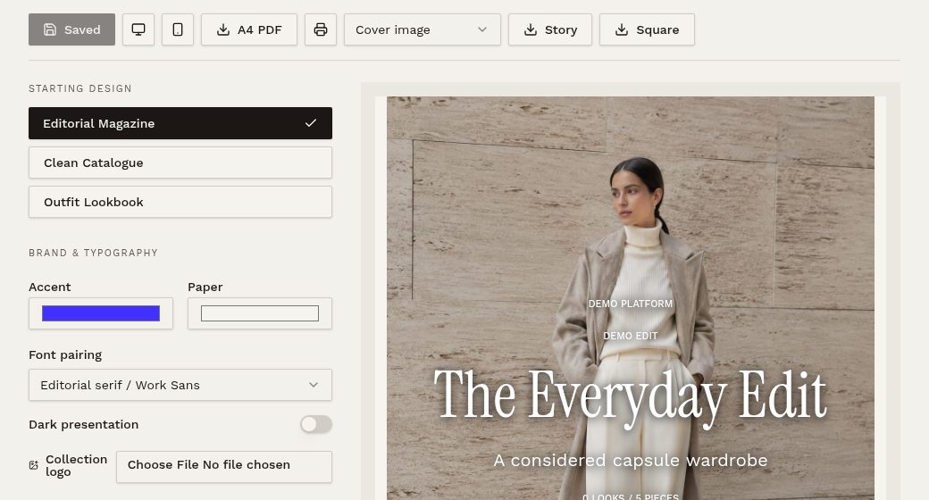 The Design tab of a LookLayer collection with Editorial Magazine, Clean Catalogue and Outfit Lookbook options