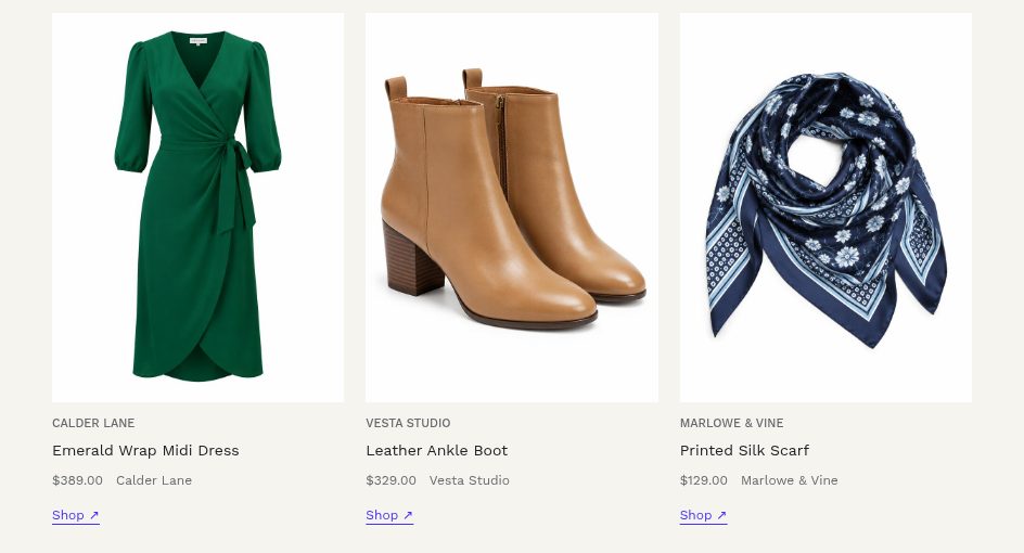 The shop grid of a collection showing a green wrap dress, leather ankle boots and a silk scarf, each with a Shop link
