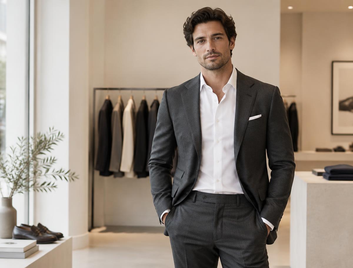 AI-styled menswear look in a tailored charcoal suit