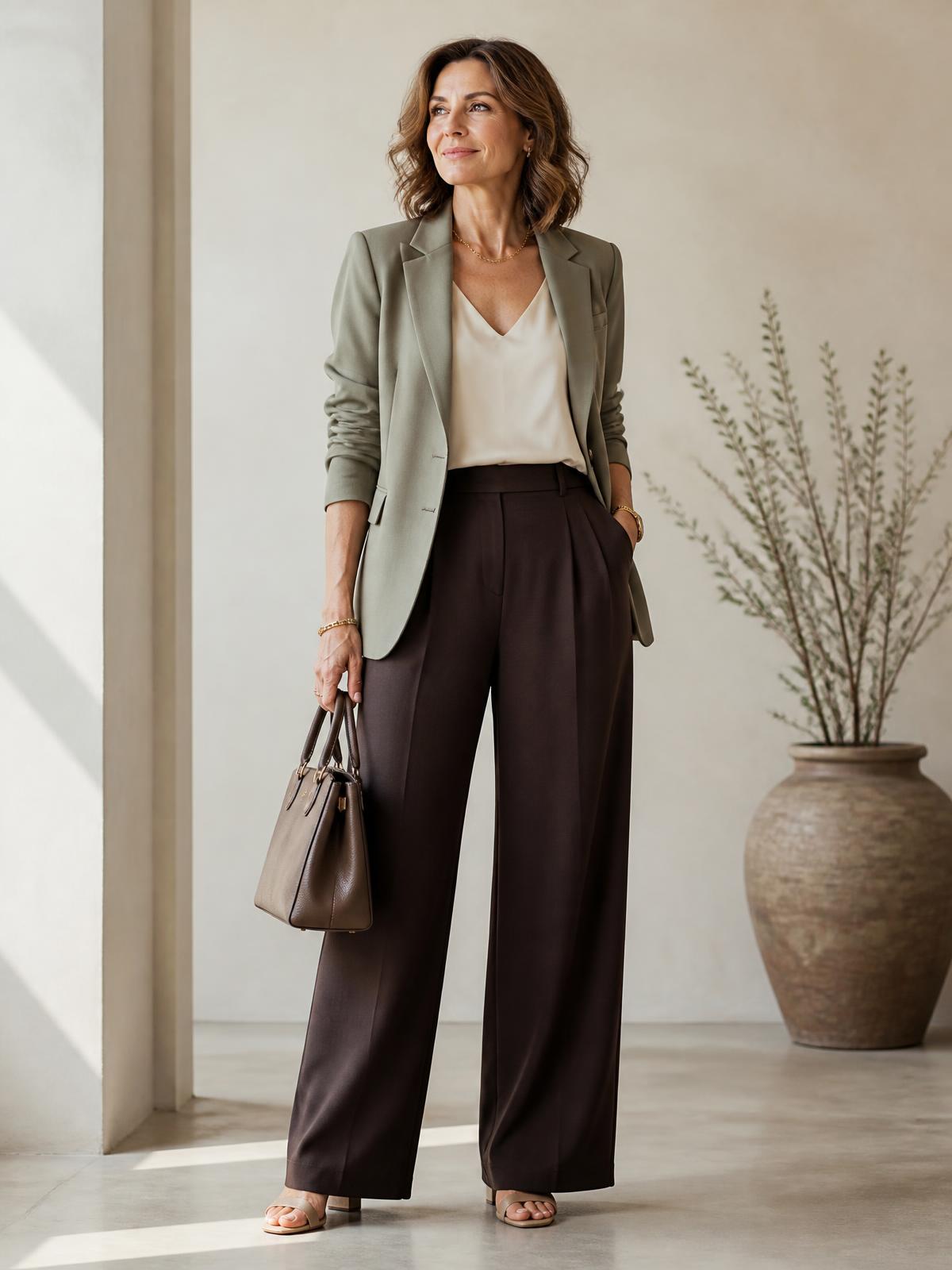 AI-styled womenswear look in a sage blazer and chocolate trousers