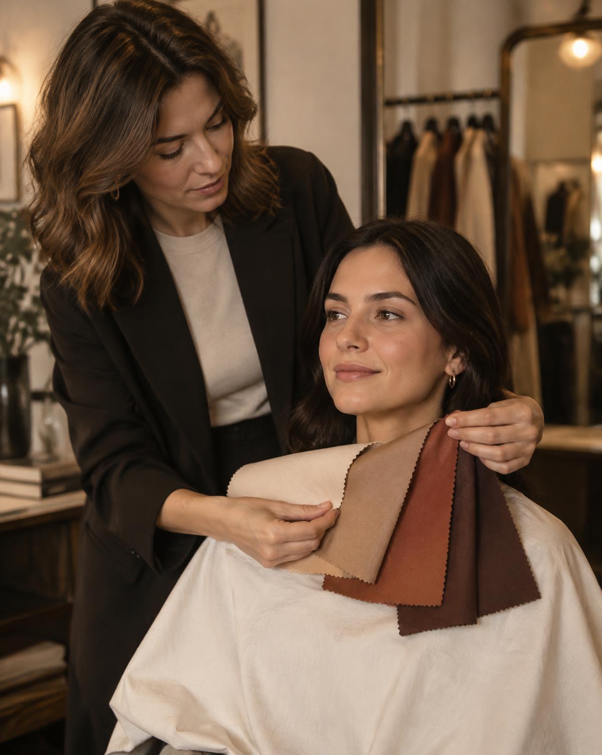 A stylist holding fabric swatches to a client's face