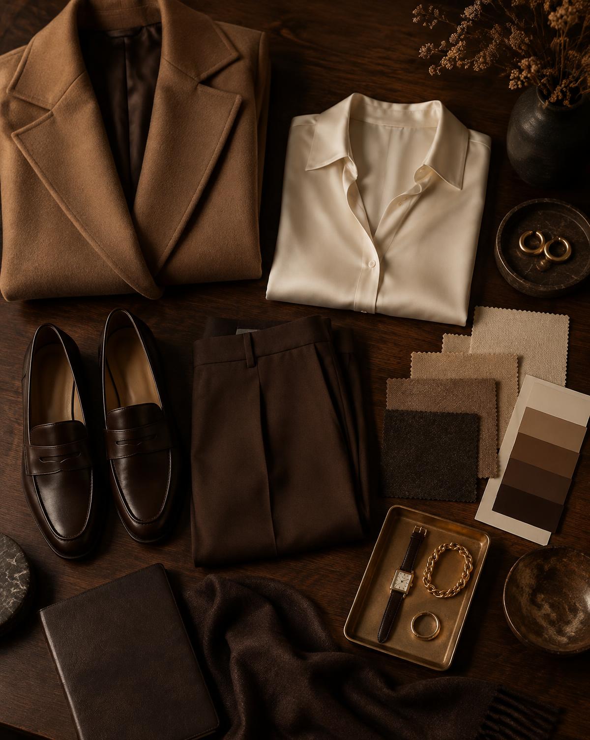 A curated outfit laid out with fabric swatches