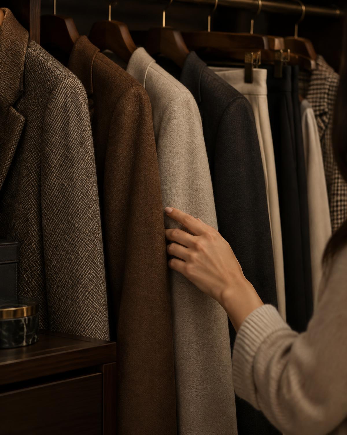 A hand selecting a coat from a wardrobe