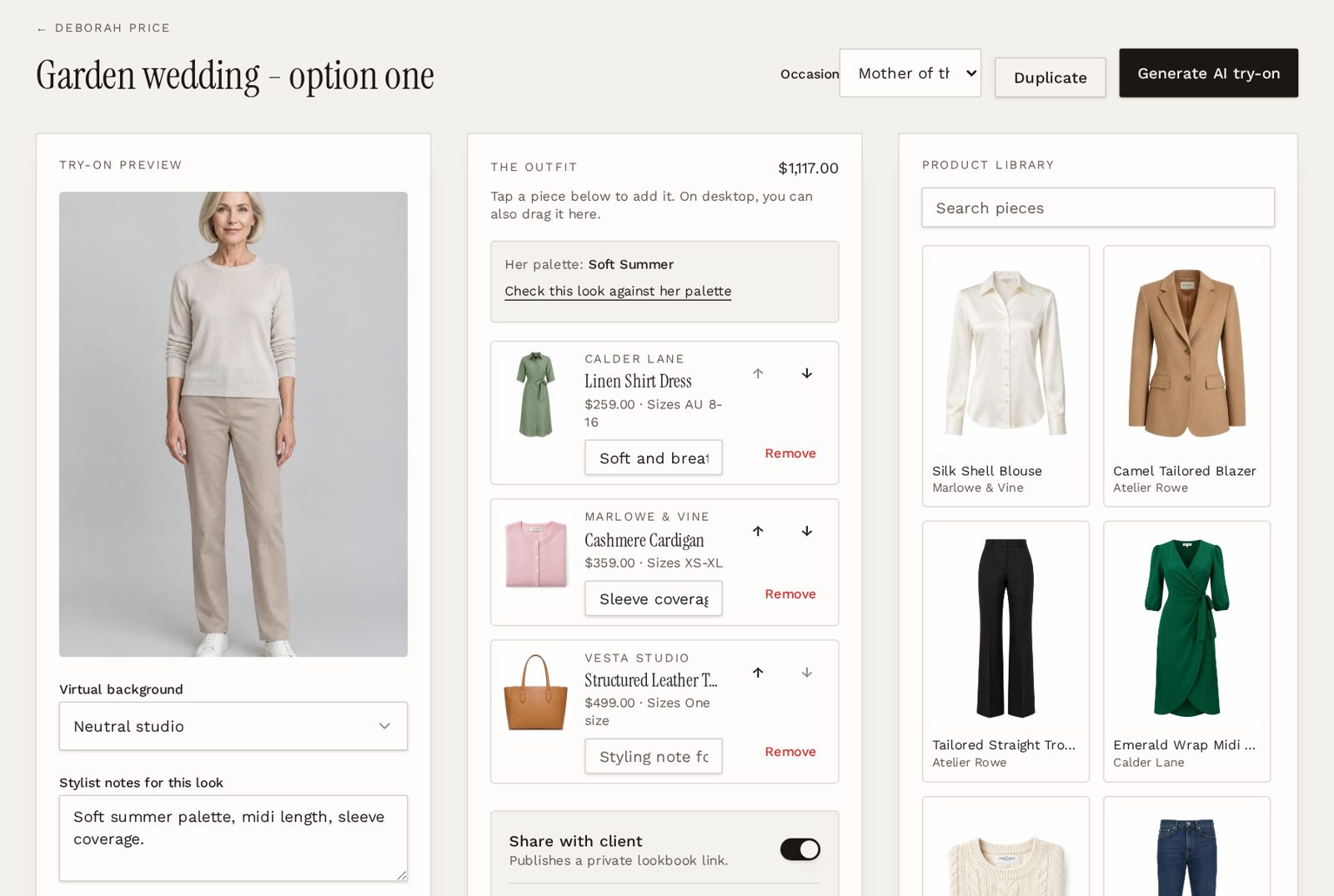 LookLayer look builder with an outfit list, product library and share toggle