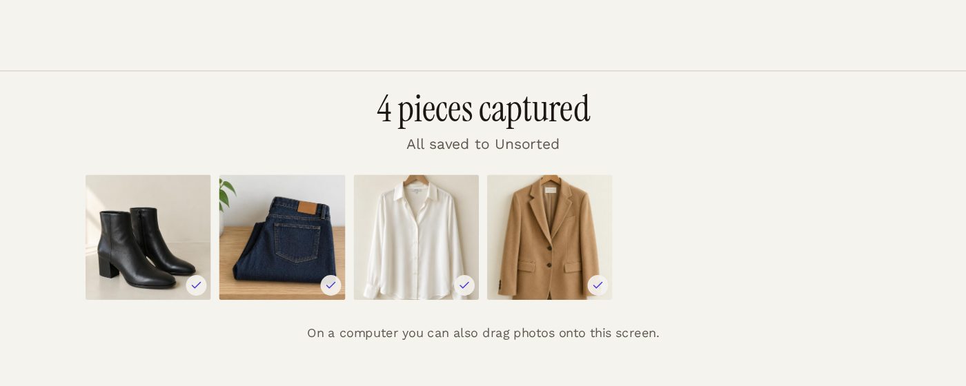 Rapid capture screen showing four garment photos captured and saved to Unsorted