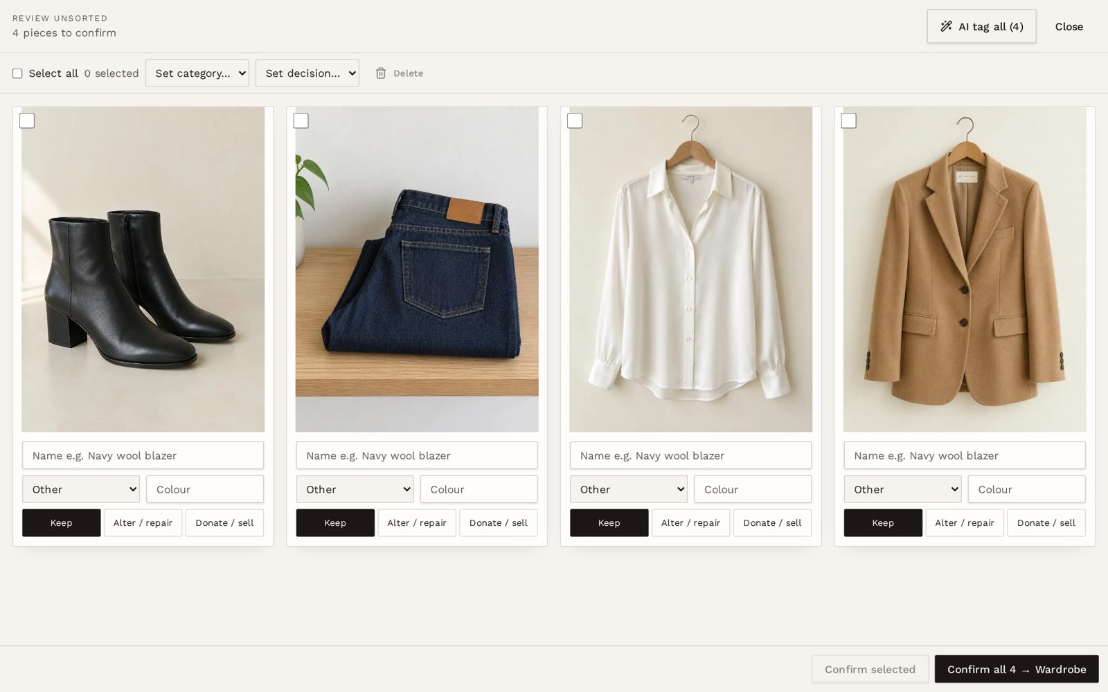 Wardrobe review grid with name, category and colour fields and Keep, Alter or Donate buttons